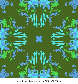 Circular   pattern of floral  motif, stripes,  doodles, flowers, ellipses, star. Hand drawn.