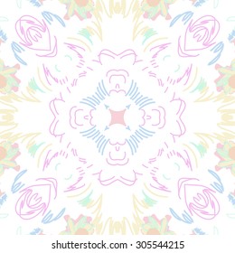 Circular   pattern of floral  motif, stripes,  doodles, leaves.