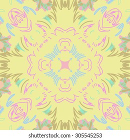 Circular   pattern of floral  motif, stripes,  doodles, leaves.