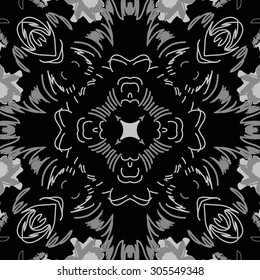 Circular   pattern of floral  motif, stripes,  doodles, leaves.