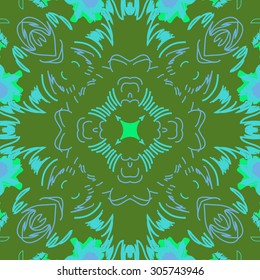 Circular   pattern of floral  motif, stripes,  doodles, leaves.