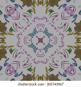Circular   pattern of floral  motif, stripes,  doodles, leaves.