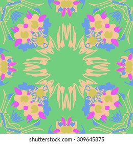 Circular   pattern of  floral motif, stripes,   doodles, spots, flowers, leaves, copy space. Hand drawn.