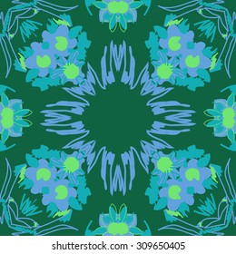 Circular   pattern of  floral motif, stripes,   doodles, spots, flowers, leaves, copy space. Hand drawn.