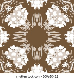 Circular   pattern of  floral motif, stripes,   doodles, spots, flowers, leaves, copy space. Hand drawn.