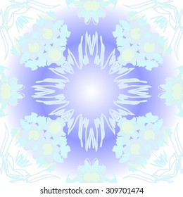 Circular   pattern of  floral motif, stripes,   doodles, spots, flowers, leaves, copy space. Hand drawn.