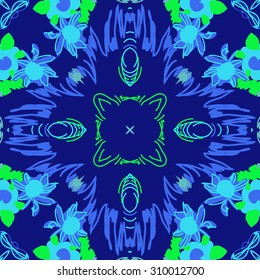 Circular   pattern of  floral motif, stripes,   doodles, spots, flowers, leaves, star. Hand drawn.
