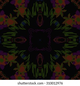 Circular   pattern of  floral motif, stripes,   doodles, spots, flowers, leaves, star. Hand drawn.