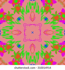 Circular   pattern of  floral motif, stripes,   doodles, spots, flowers, leaves, star. Hand drawn.