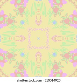 Circular   pattern of  floral motif, stripes,   doodles, spots, flowers, leaves, star. Hand drawn.