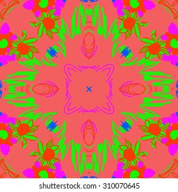 Circular   pattern of  floral motif, stripes,   doodles, spots, flowers, leaves, star. Hand drawn.