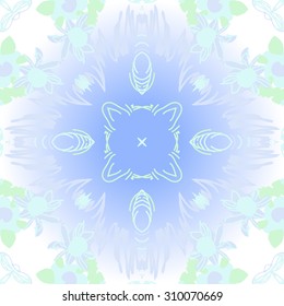 Circular   pattern of  floral motif, stripes,   doodles, spots, flowers, leaves, star. Hand drawn.