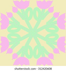 Circular   pattern of floral motif, stripes,ellipses, tulips, doodles, bud. Hand drawn.
