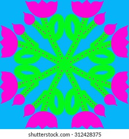 Circular   pattern of floral motif, stripes,ellipses, tulips, doodles, bud. Hand drawn.