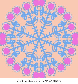 Circular   pattern of floral motif, stripes,ellipses,branches, doodles, flowers. Hand drawn.