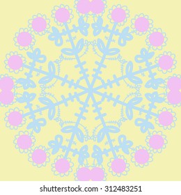 Circular   pattern of floral motif, stripes,ellipses,branches, doodles, flowers. Hand drawn.