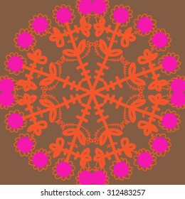 Circular   pattern of floral motif, stripes,ellipses,branches, doodles, flowers. Hand drawn.