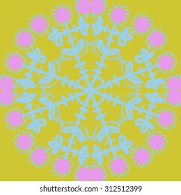 Circular   pattern of floral motif, stripes,ellipses,branches, doodles, flowers. Hand drawn.