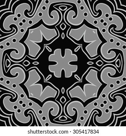 Circular   pattern of floral motif, stripes,hole, spots, ellipses, spirals, cross, branches. Hand drawn.
