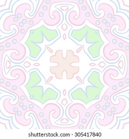 Circular   pattern of floral motif, stripes,hole, spots, ellipses, spirals, cross, branches. Hand drawn.