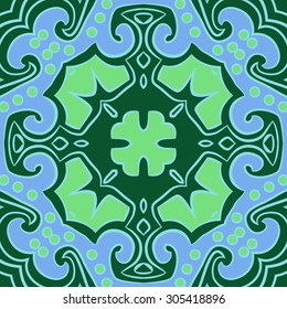 Circular   pattern of floral motif, stripes,hole, spots, ellipses, spirals, cross, branches. Hand drawn.