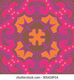 Circular   pattern of floral motif, stripes,hole, spots, ellipses, spirals, cross, branches. Hand drawn.