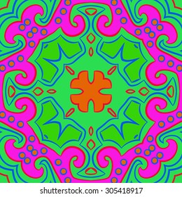 Circular   pattern of floral motif, stripes,hole, spots, ellipses, spirals, cross, branches. Hand drawn.