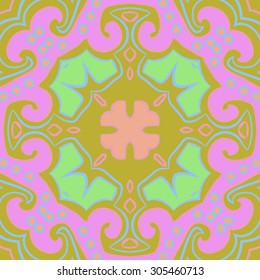 Circular   pattern of floral motif, stripes,hole, spots, ellipses, spirals, cross, branches. Hand drawn.