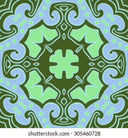 Circular   pattern of floral motif, stripes,hole, spots, ellipses, spirals, cross, branches. Hand drawn.