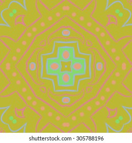 Circular   pattern of floral motif, stripes,hole, spots, ellipses,  crosses, stars. Hand drawn.