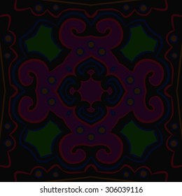 Circular   pattern of floral motif, stripes,hole, spots, ellipses,  cross, star. Hand drawn.