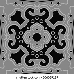 Circular   pattern of floral motif, stripes,hole, spots, ellipses,  cross, star. Hand drawn.