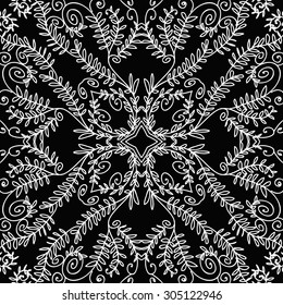Circular   pattern of floral motif, stripes,stars, spirals, branches, leaves. Hand drawn.