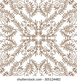 Circular   pattern of floral motif, stripes,stars, spirals, branches, leaves. Hand drawn.
