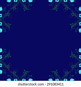 Circular pattern of floral motif, stylized flowers, branches, leaves, spirals, copy space. Hand drawn.