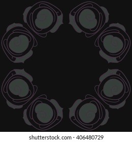 Circular pattern of floral motif, stylized rosy, leaves, spirals, doodles, copy space. Hand drawn.
