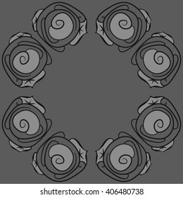 Circular pattern of floral motif, stylized rosy, leaves, spirals, doodles, copy space. Hand drawn.