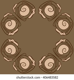 Circular pattern of floral motif, stylized rosy, leaves, spirals, doodles, copy space. Hand drawn.