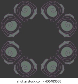 Circular pattern of floral motif, stylized rosy, leaves, spirals, doodles, copy space. Hand drawn.