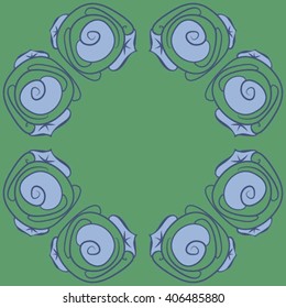 Circular pattern of floral motif, stylized rosy, leaves, spirals, doodles, copy space. Hand drawn.