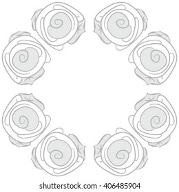 Circular pattern of floral motif, stylized rosy, leaves, spirals, doodles, copy space. Hand drawn.