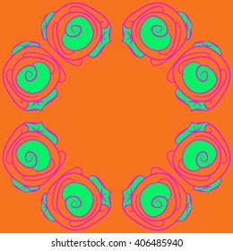 Circular pattern of floral motif, stylized rosy, leaves, spirals, doodles, copy space. Hand drawn.