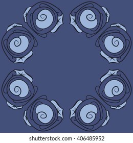 Circular pattern of floral motif, stylized rosy, leaves, spirals, doodles, copy space. Hand drawn.