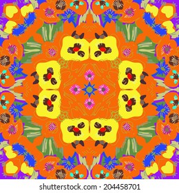 Circular  pattern of floral motif  in a warm colors on an orange  background.