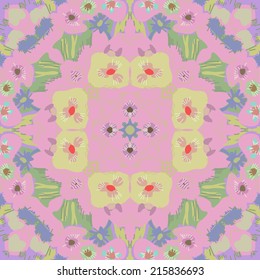 Circular  pattern of floral motif  in a warm pale colors on a pale pink  background.