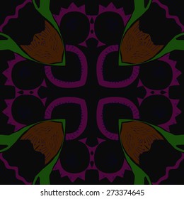 Circular pattern of floral motif, zigzag, doodles, stamens . Hand drawn.