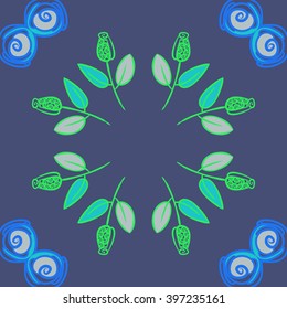 Circular   pattern of floral  motif,branches, stylized flowers, bud, spirals, copy space. Hand drawn.