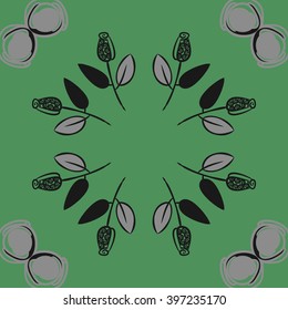 Circular   pattern of floral  motif,branches, stylized flowers, bud, spirals, copy space. Hand drawn.