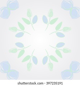 Circular   pattern of floral  motif,branches, stylized flowers, bud, spirals, copy space. Hand drawn.