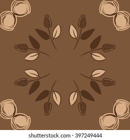 Circular   pattern of floral  motif,branches, stylized flowers, bud, spirals, copy space. Hand drawn.